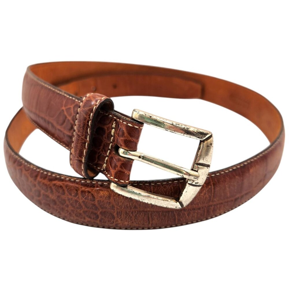 Men's Brown Italian Leather Belt Crocodile-Embossed With Silver Buckle 42" x 1"